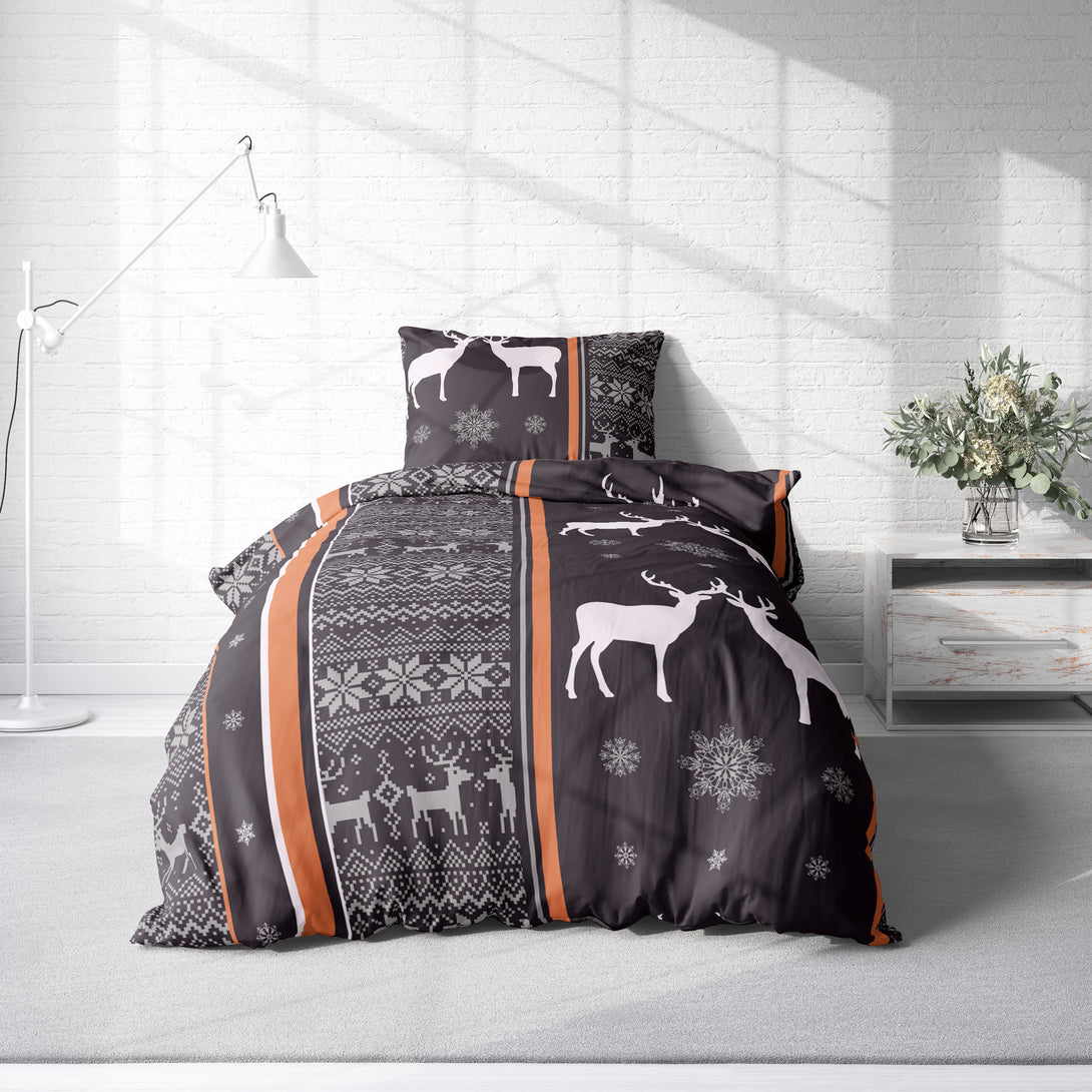 One Home Biber Bettwäsche 155x220 cm Rentiere Schneeflocken braun Winter Warm Baumwolle