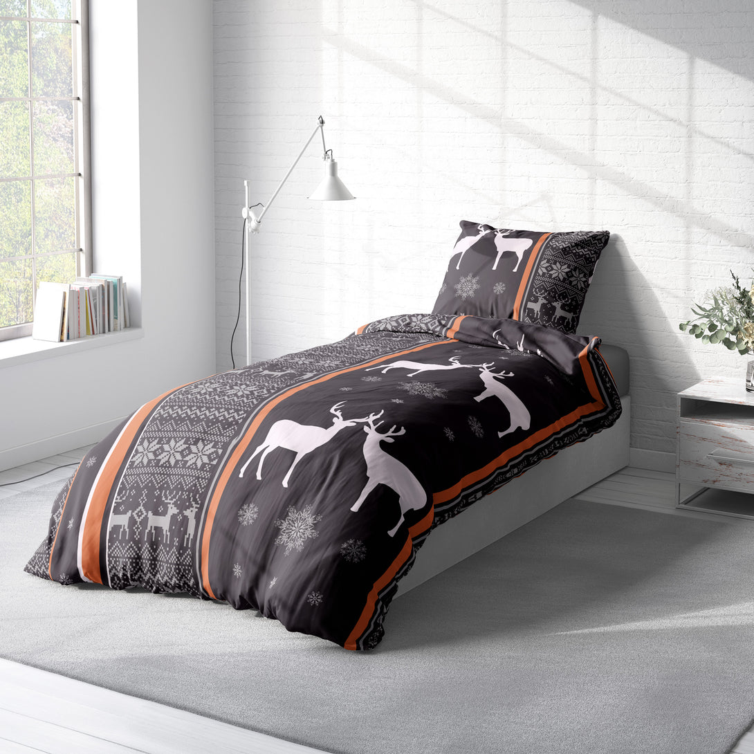 One Home Biber Bettwäsche 155x220 cm Rentiere Schneeflocken braun Winter Warm Baumwolle