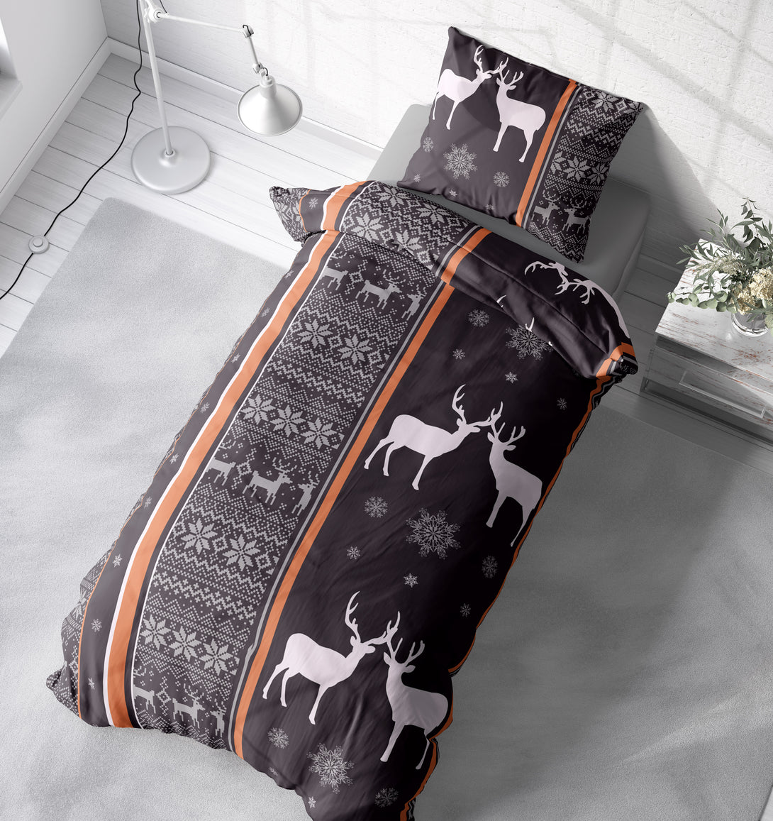 One Home Biber Bettwäsche 155x220 cm Rentiere Schneeflocken braun Winter Warm Baumwolle