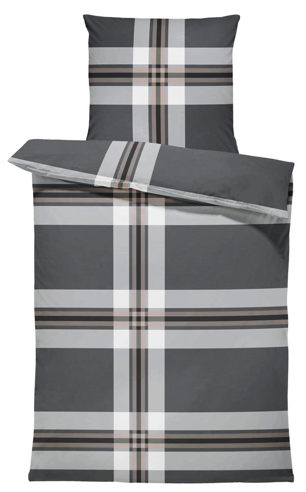 One Home Biber Bettwäsche 155x220 cm gestreift grau braun modern Winter Flanell Baumwolle