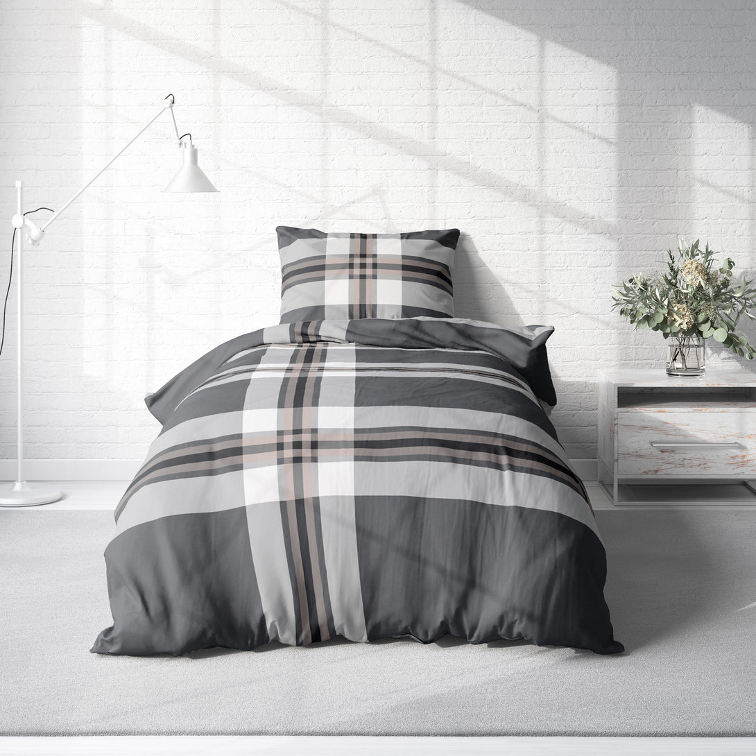 One Home Biber Bettwäsche 155x220 cm gestreift grau braun modern Winter Flanell Baumwolle