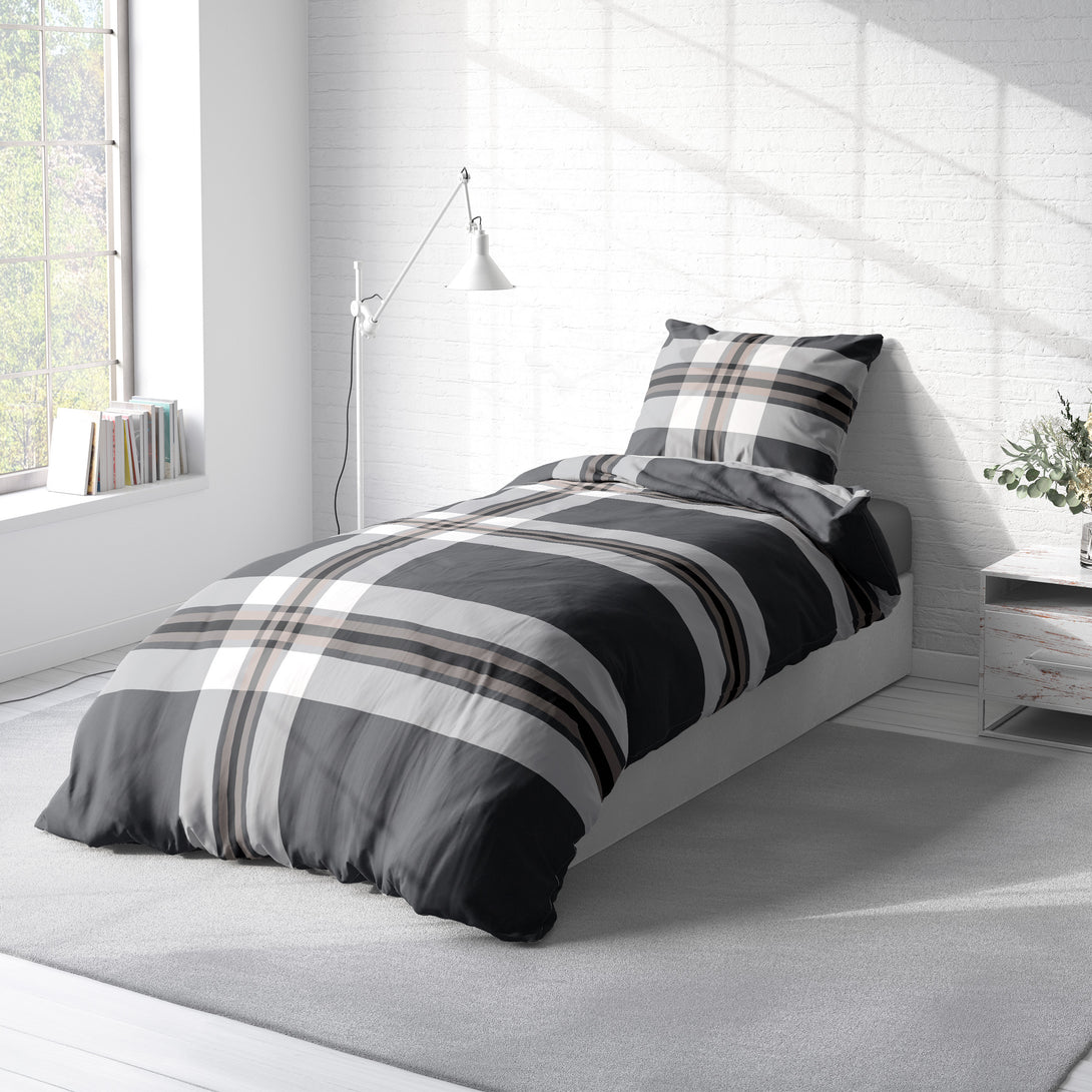 One Home Biber Bettwäsche 155x220 cm gestreift grau braun modern Winter Flanell Baumwolle