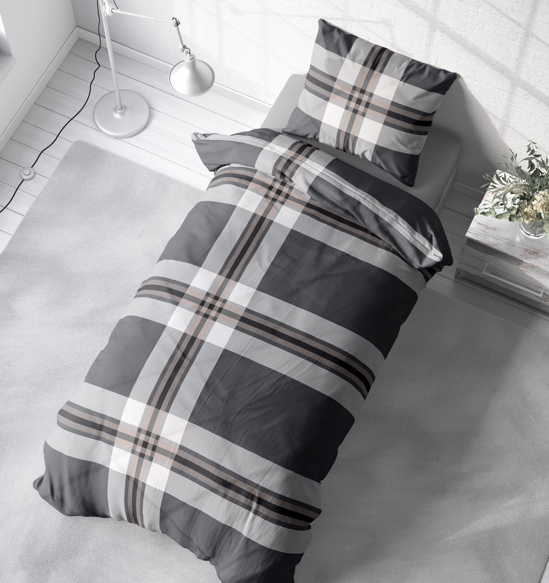 One Home Biber Bettwäsche 155x220 cm gestreift grau braun modern Winter Flanell Baumwolle