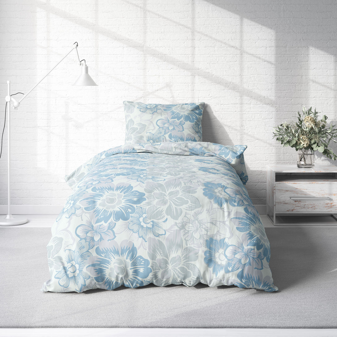 Biber Bettwäsche 155x220 cm Blumen geblümt blau weiß grau Winter Warme