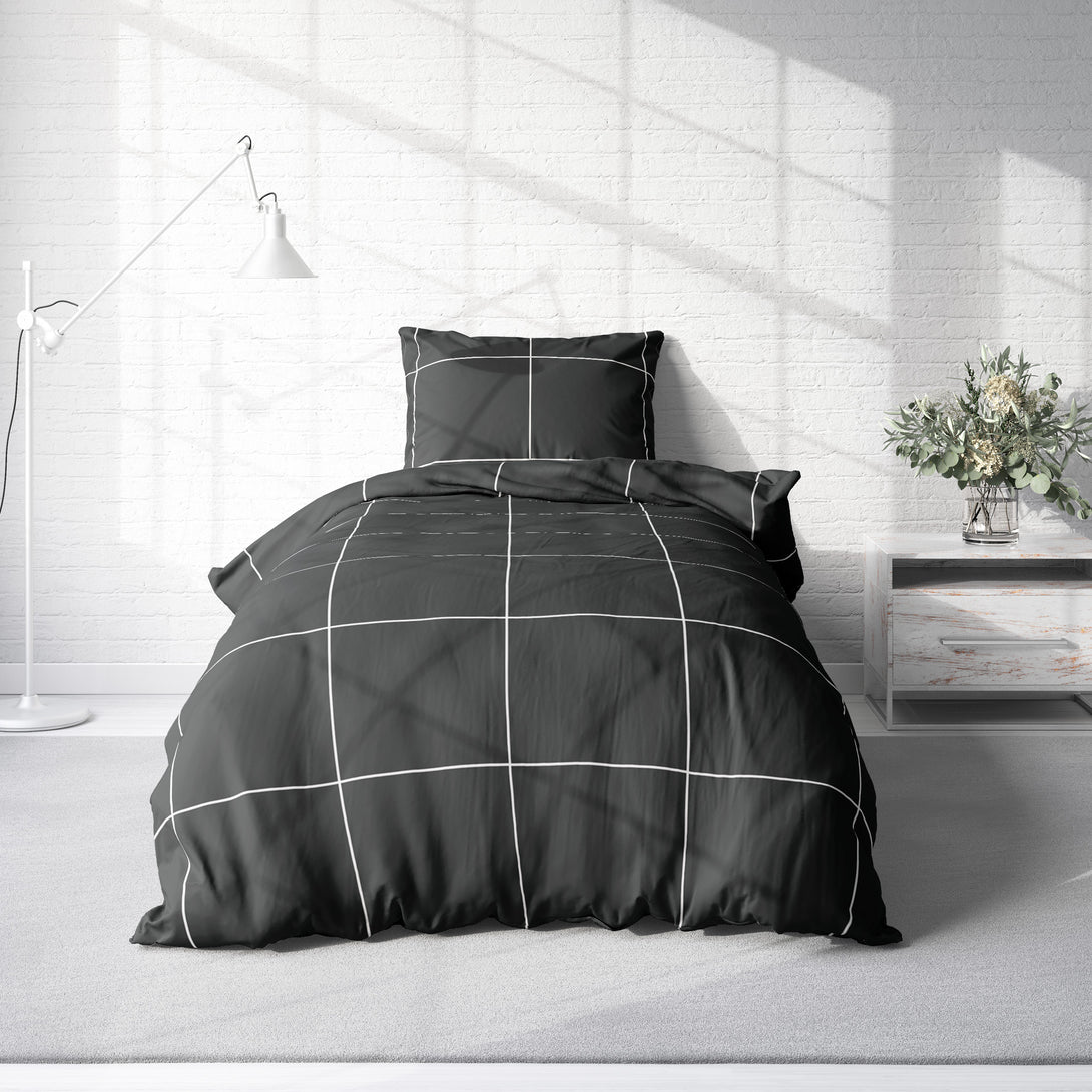 One Home Bettwäsche 135x200 cm Karomuster kariert schwarz Biber Winter Flanell Baumwolle