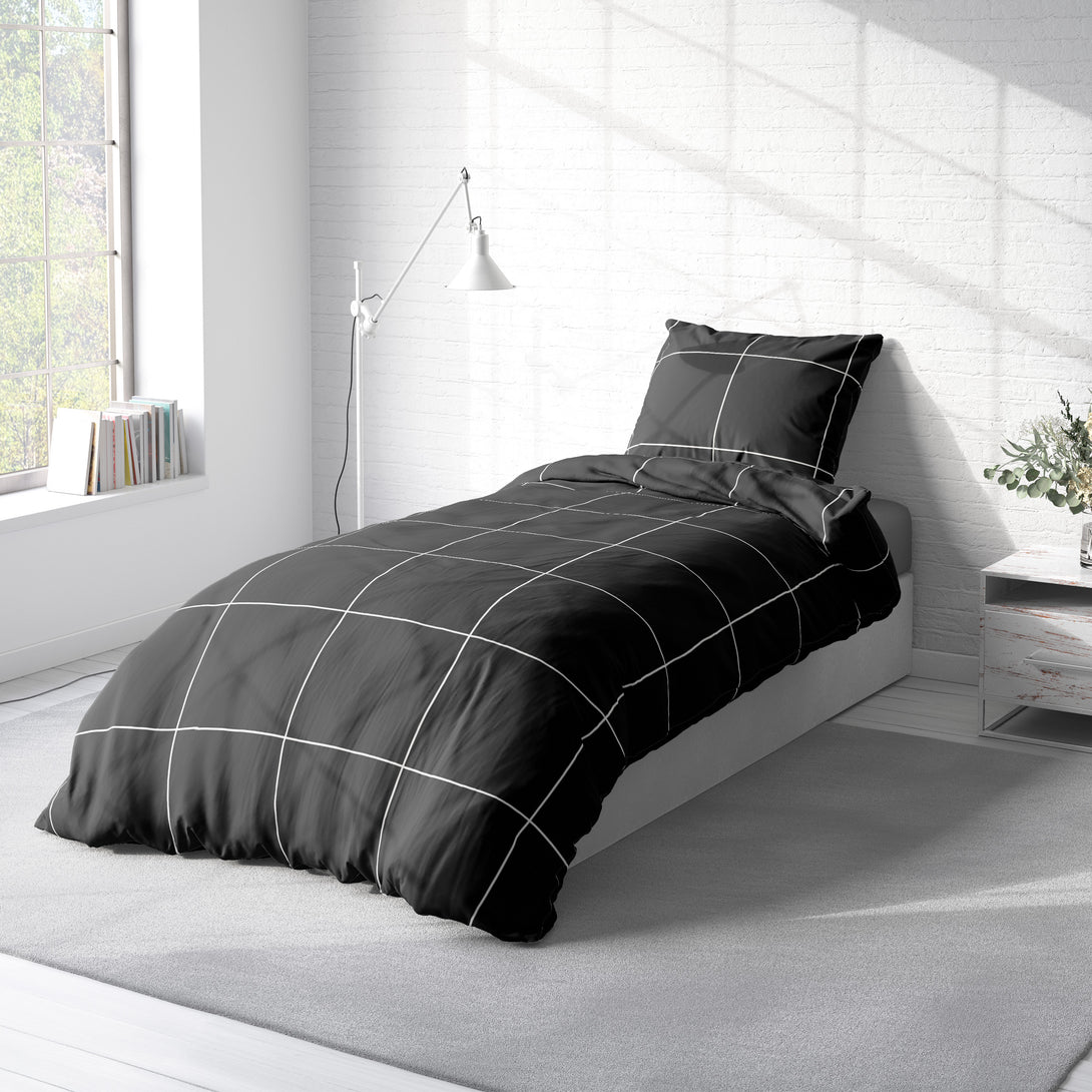 One Home Bettwäsche 135x200 cm Karomuster kariert schwarz Biber Winter Flanell Baumwolle