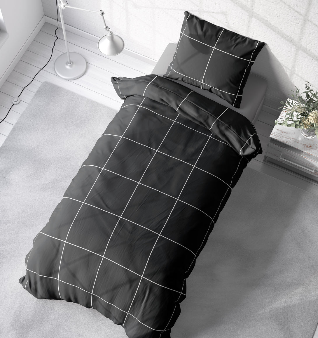 One Home Bettwäsche 135x200 cm Karomuster kariert schwarz Biber Winter Flanell Baumwolle
