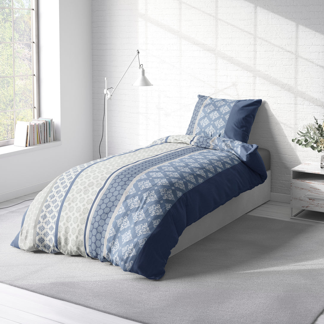 One Home Biber Bettwäsche 135x200 cm Ornamente Retro dunkelblau Winter Flanell Baumwolle