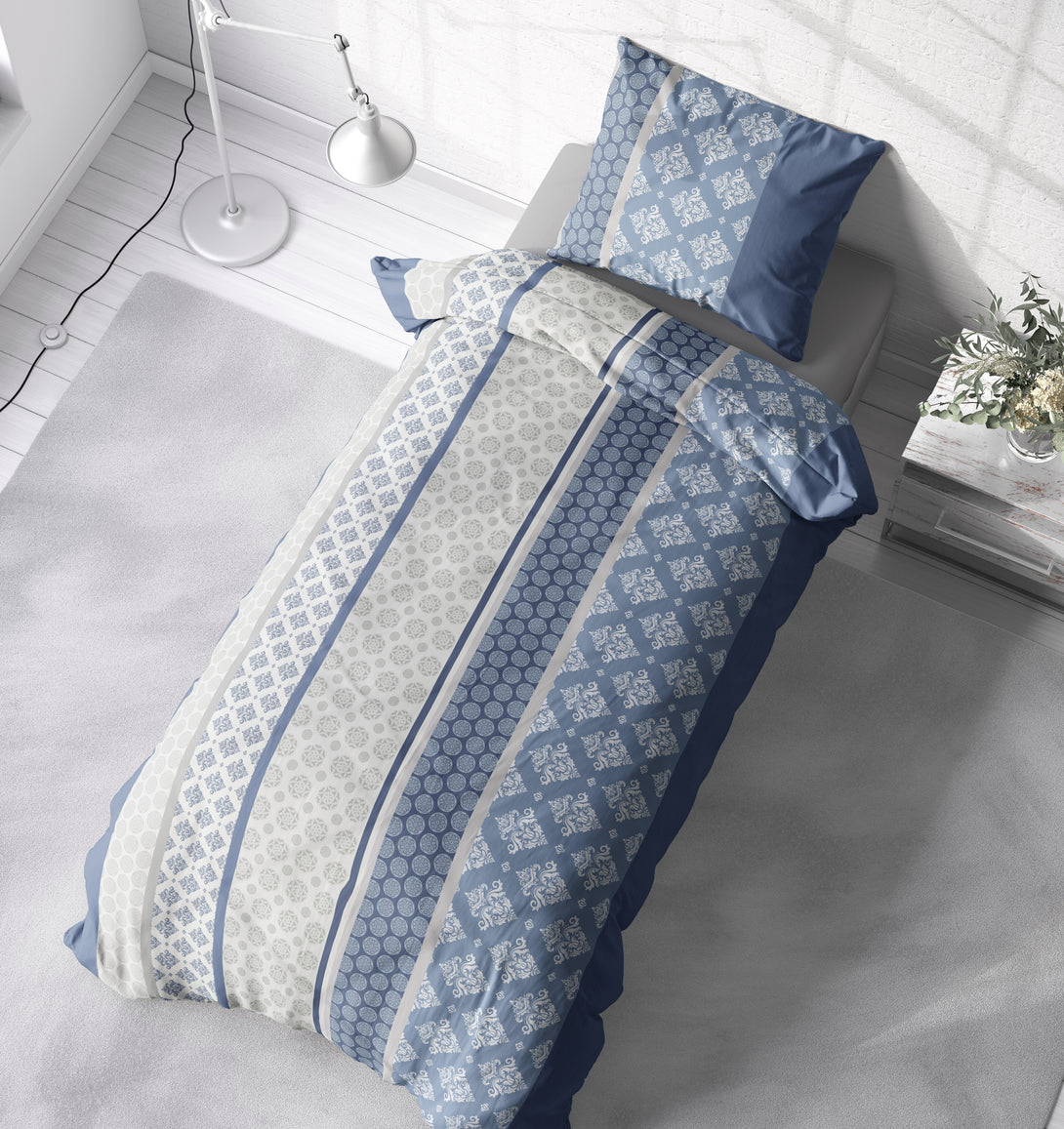 One Home Biber Bettwäsche 135x200 cm Ornamente Retro dunkelblau Winter Flanell Baumwolle