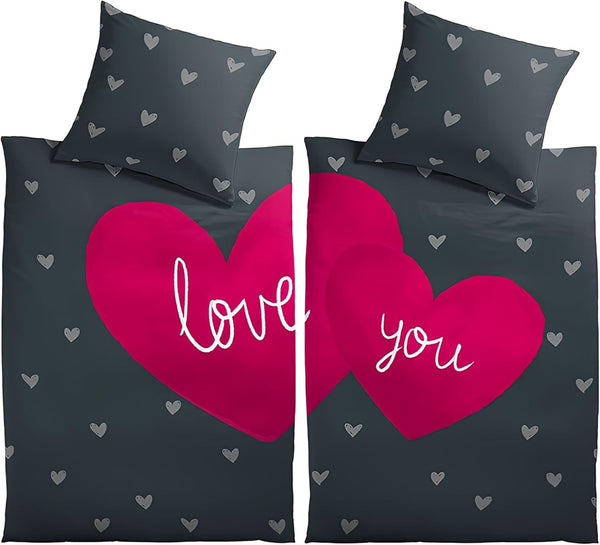 4-piece partner bed linen 135x200 cm hearts Love you red anthracite microfiber