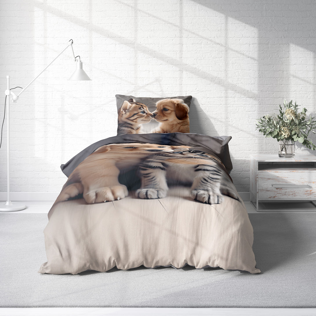 One Home Bettwäsche 135x200 cm Hunde Katzen Welpen grau Biber Winter Flanell Baumwolle