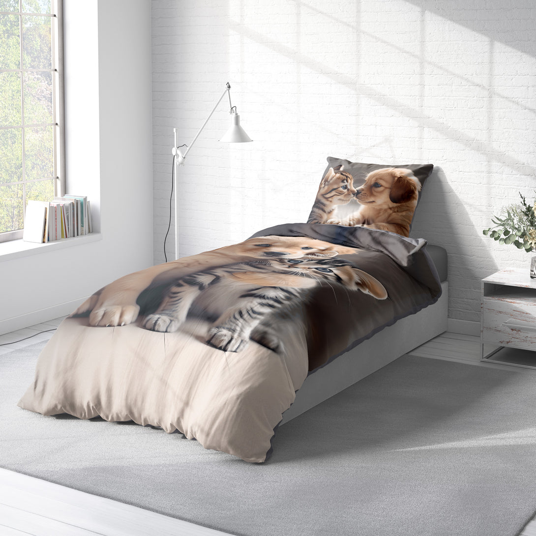 One Home Bettwäsche 135x200 cm Hunde Katzen Welpen grau Biber Winter Flanell Baumwolle