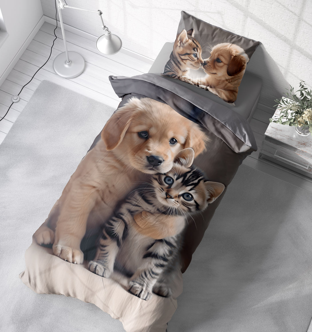 One Home Bettwäsche 135x200 cm Hunde Katzen Welpen grau Biber Winter Flanell Baumwolle