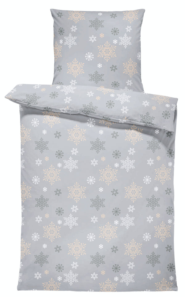 One Home Bettwäsche 155x220 cm Schneeflocken Kristalle grau Biber Winter Flanell Baumwolle