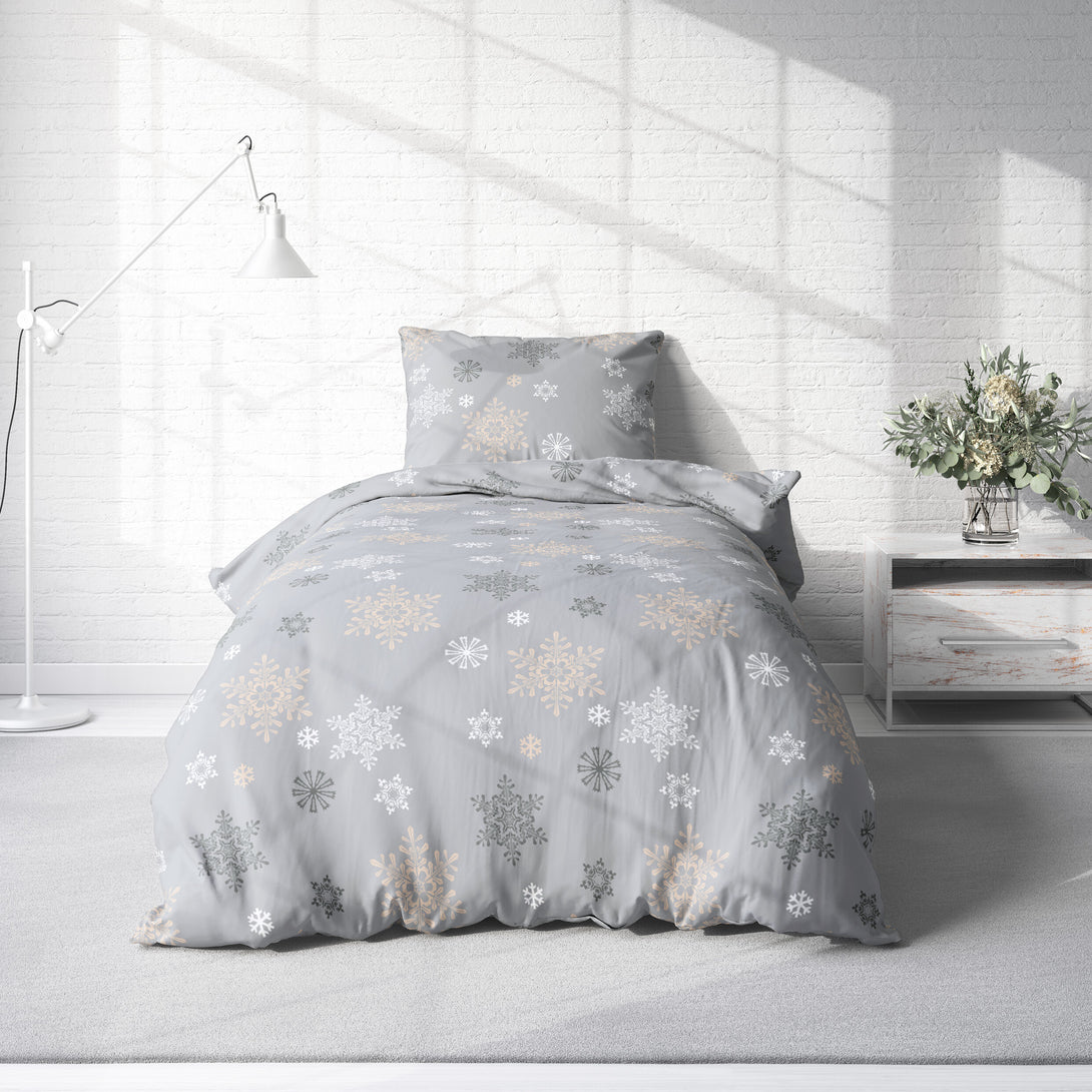 One Home Bettwäsche 155x220 cm Schneeflocken Kristalle grau Biber Winter Flanell Baumwolle