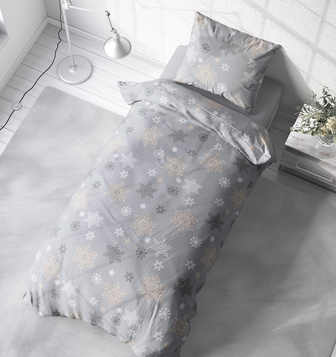 One Home Bettwäsche 155x220 cm Schneeflocken Kristalle grau Biber Winter Flanell Baumwolle