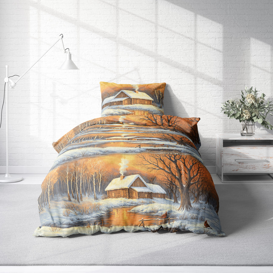 One Home Bettwäsche 135x200 cm Winterlandschaft Warm Biber Winter Flanell Baumwolle