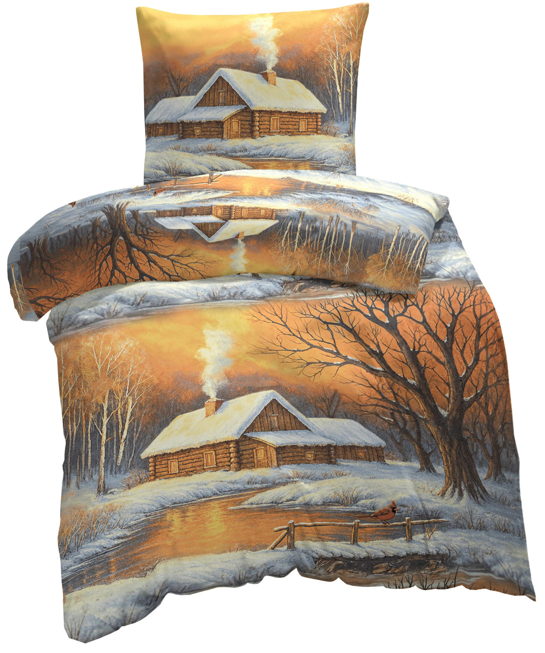 One Home Bettwäsche 135x200 cm Winterlandschaft kuschelig Biber Winter Flanell Baumwolle