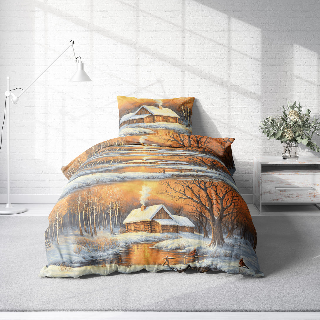 One Home Bettwäsche 135x200 cm Winterlandschaft kuschelig Biber Winter Flanell Baumwolle