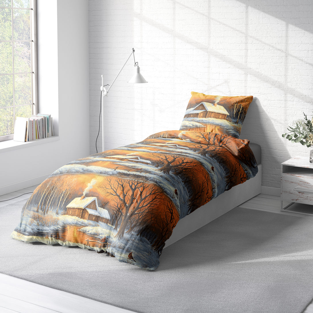 One Home Bettwäsche 135x200 cm Winterlandschaft kuschelig Biber Winter Flanell Baumwolle