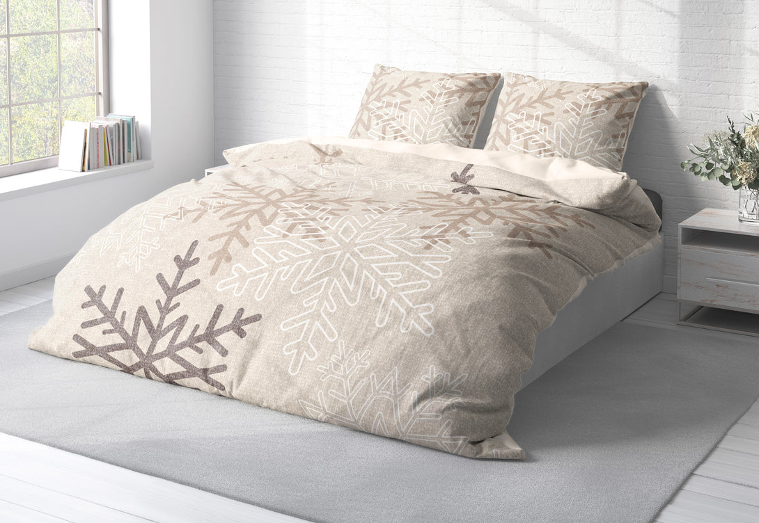 Biber Bettwäsche 200x220 cm Schneeflocken Kristalle beige Winter Baumw