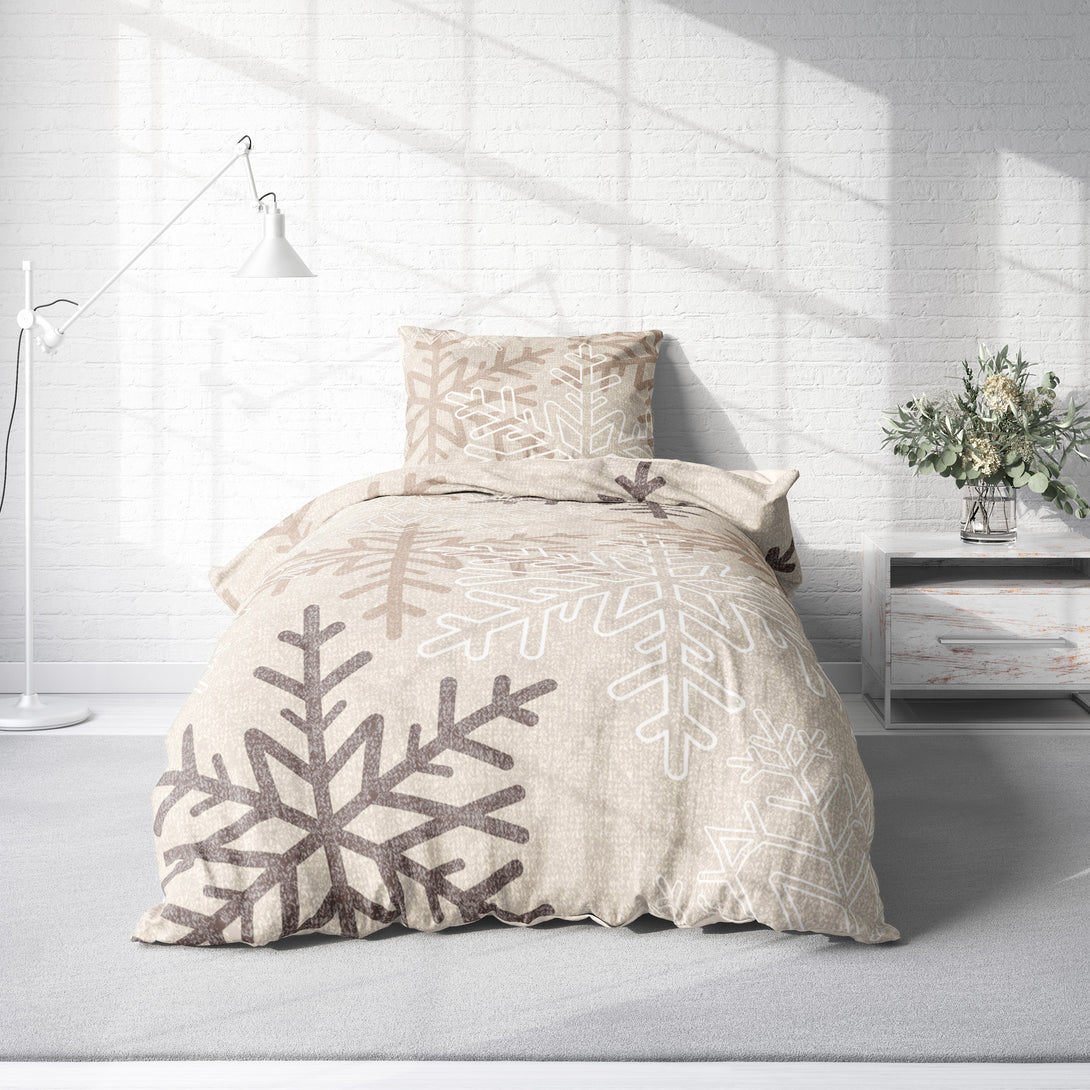 Biber Bettwäsche 135x200 cm Schneeflocken Kristalle beige Winter Baumw