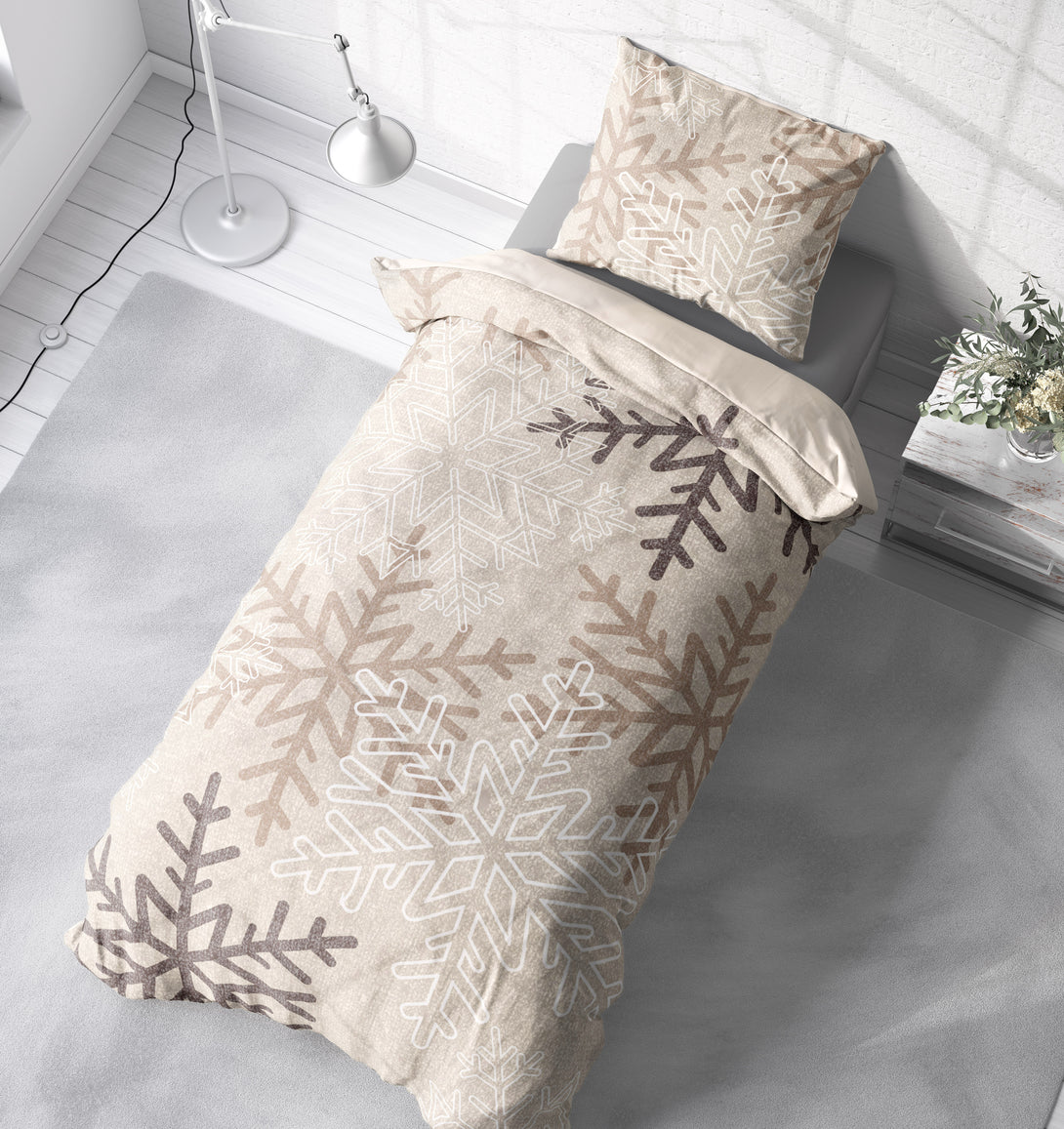 Biber Bettwäsche 135x200 cm Schneeflocken Kristalle beige Winter Baumw
