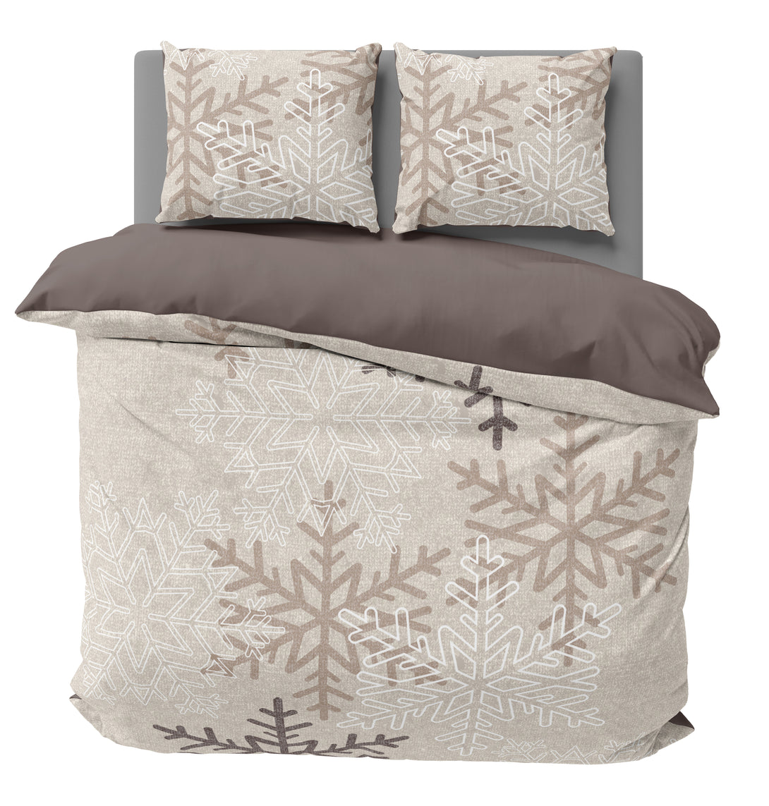 One Home Biber Bettwäsche 200x200 cm Schneeflocken Kristalle beige Winter Warm Baumwolle
