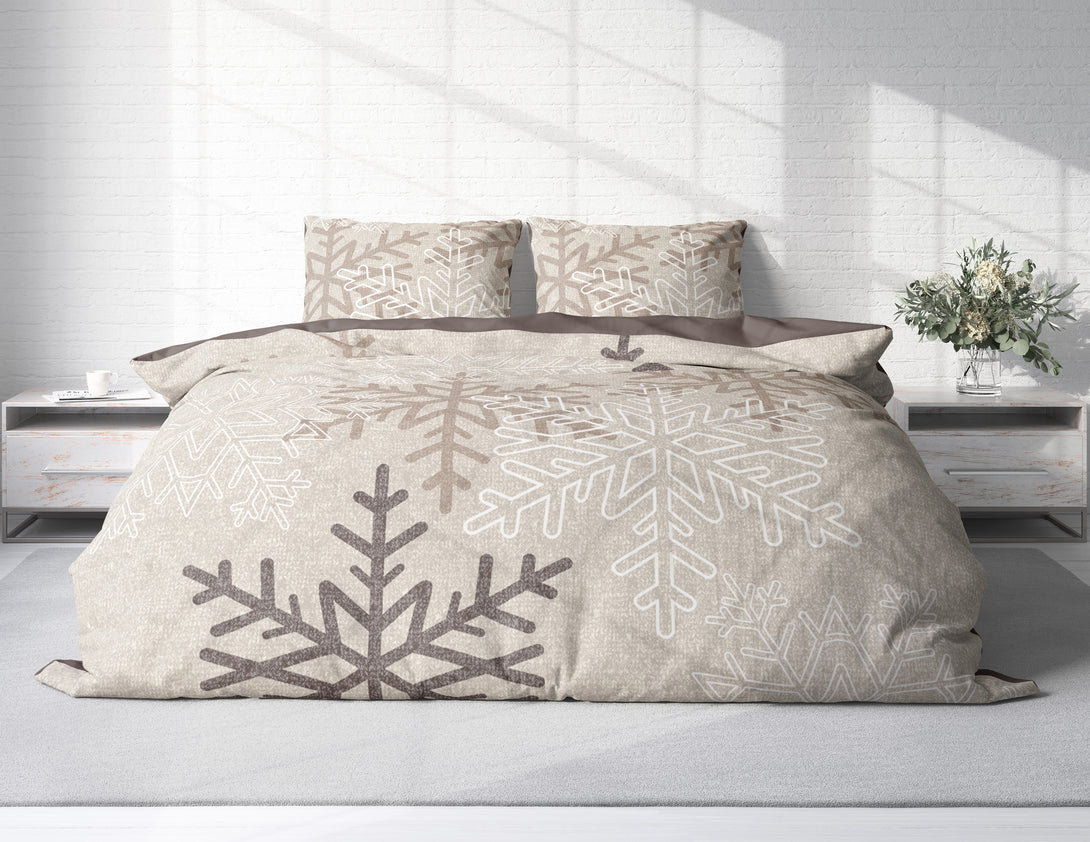 One Home Biber Bettwäsche 200x200 cm Schneeflocken Kristalle beige Winter Warm Baumwolle