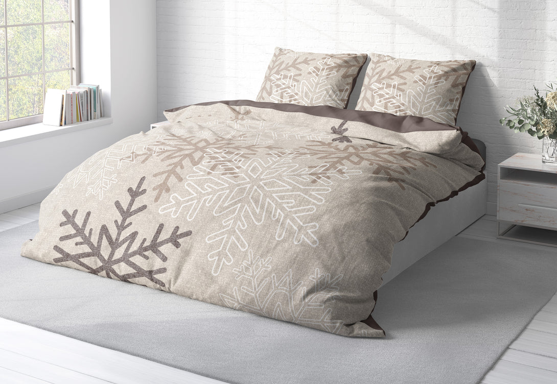 One Home Biber Bettwäsche 200x200 cm Schneeflocken Kristalle beige Winter Warm Baumwolle