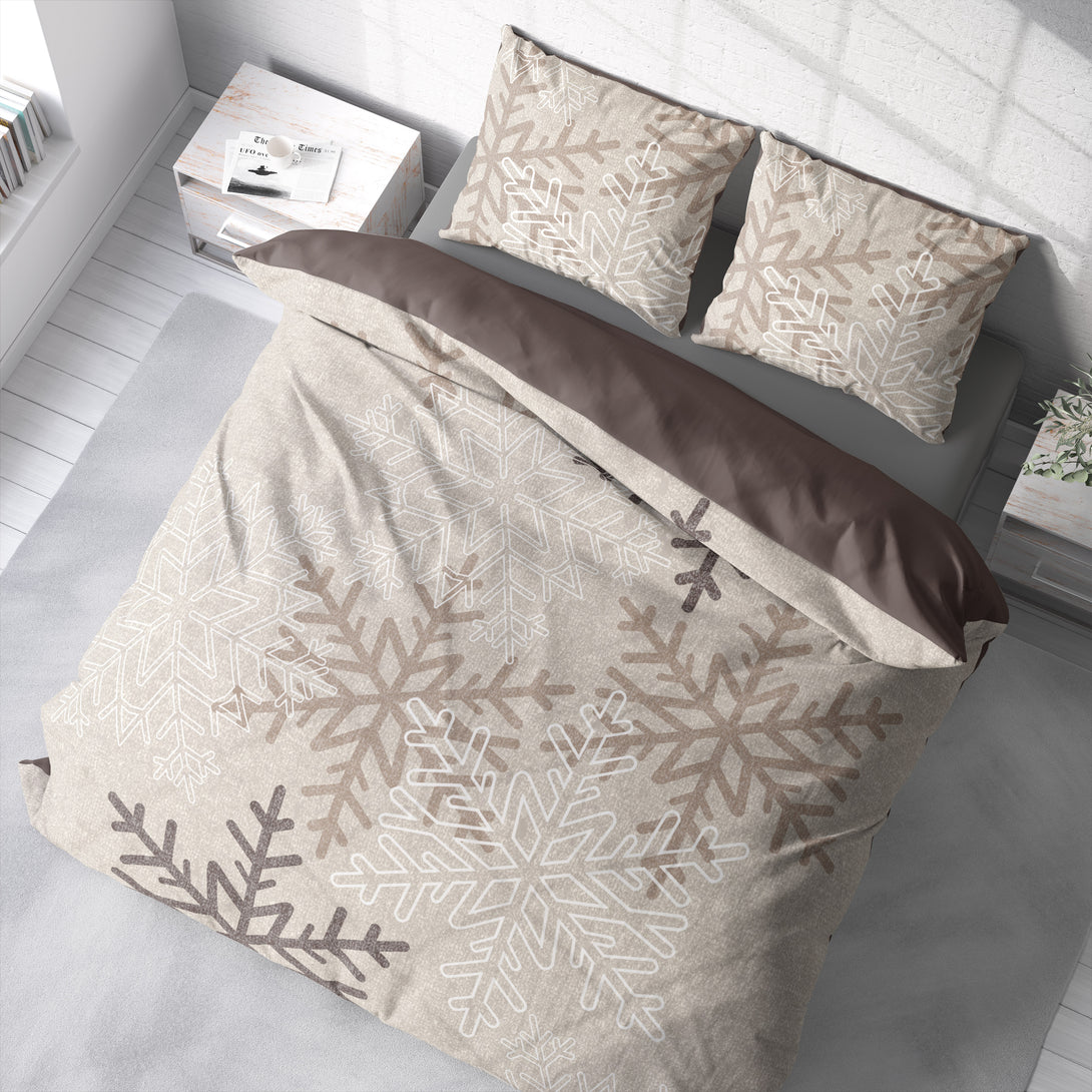 One Home Biber Bettwäsche 200x200 cm Schneeflocken Kristalle beige Winter Warm Baumwolle
