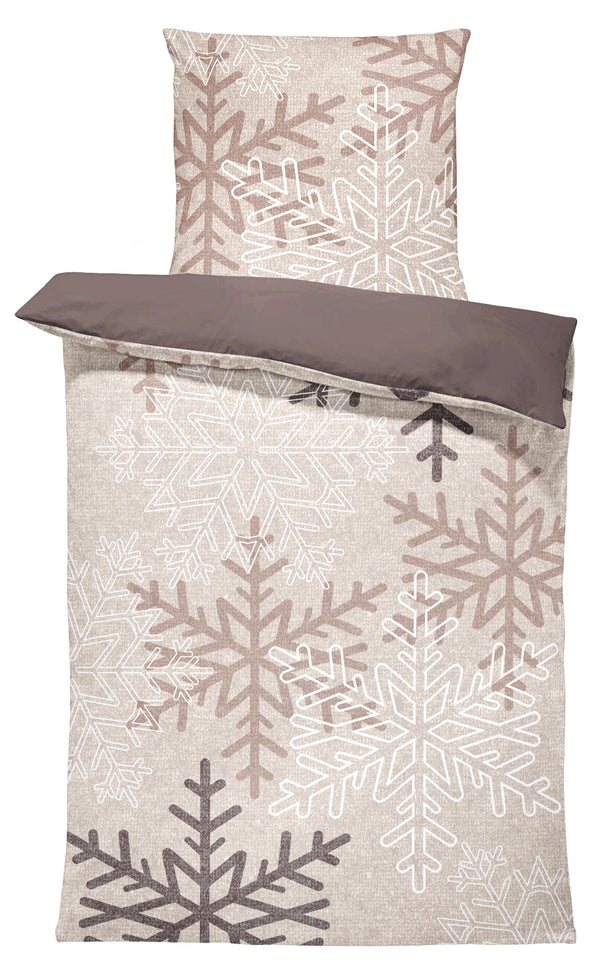 One Home Biber Bettwäsche 135x200 cm Schneeflocken Kristalle beige Winter Warm Baumwolle