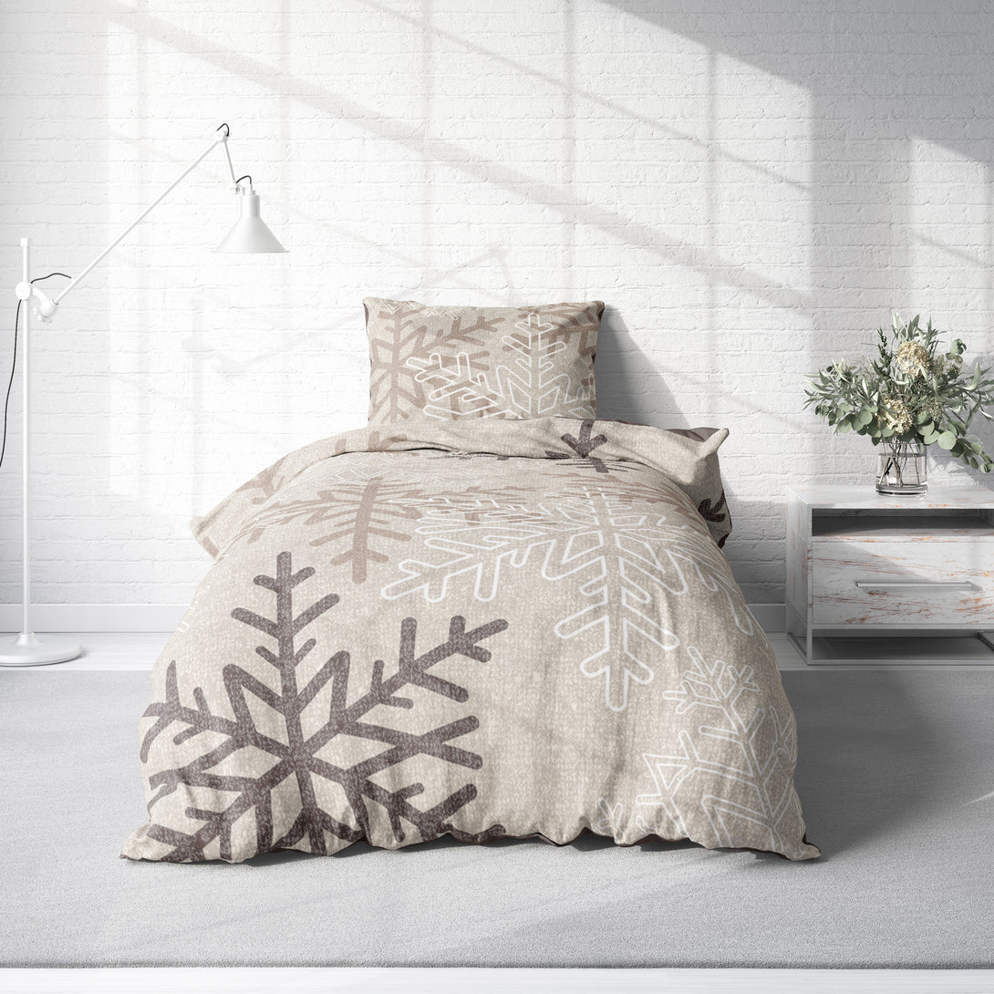 One Home Biber Bettwäsche 135x200 cm Schneeflocken Kristalle beige Winter Warm Baumwolle