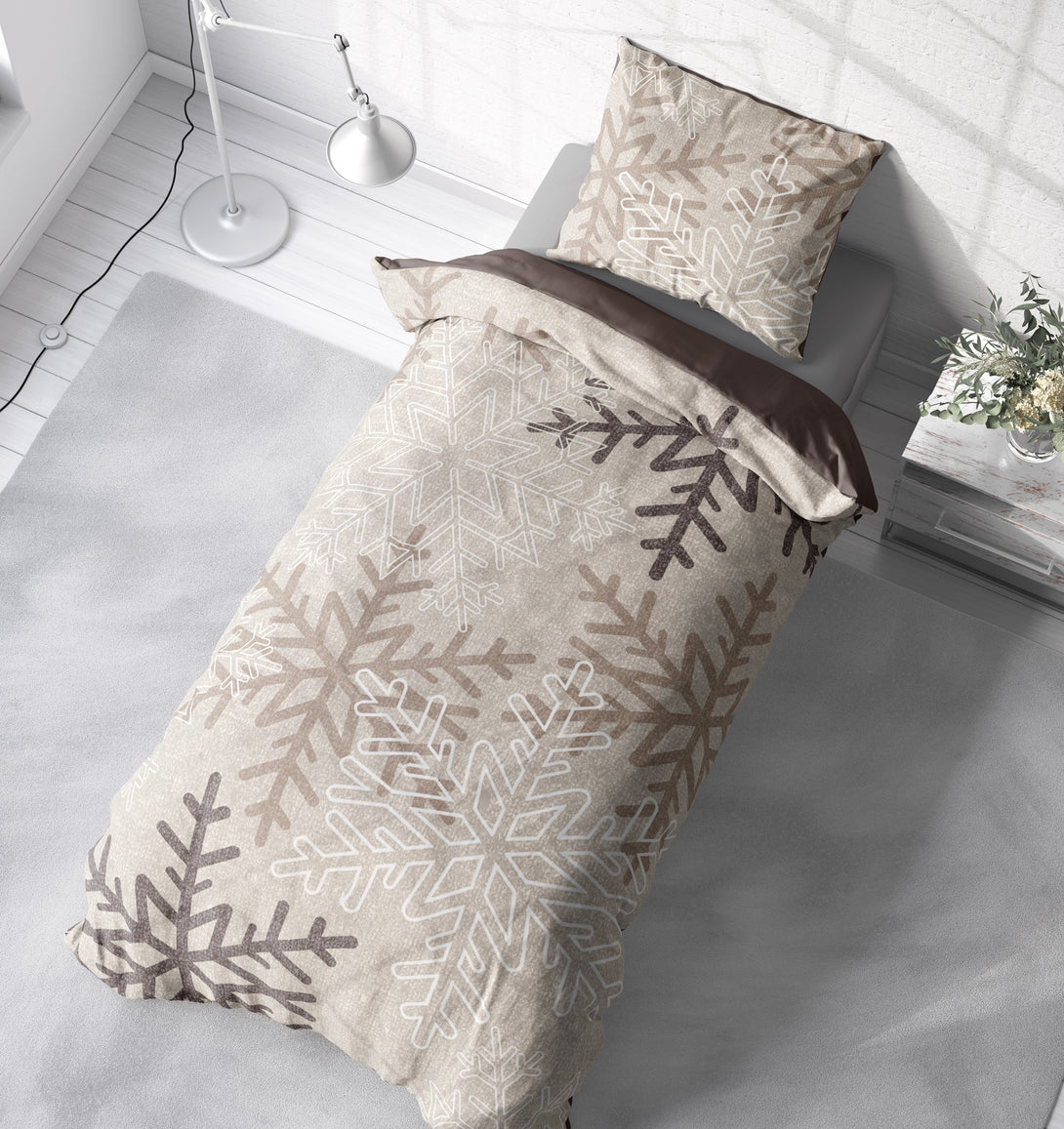 One Home Biber Bettwäsche 135x200 cm Schneeflocken Kristalle beige Winter Warm Baumwolle