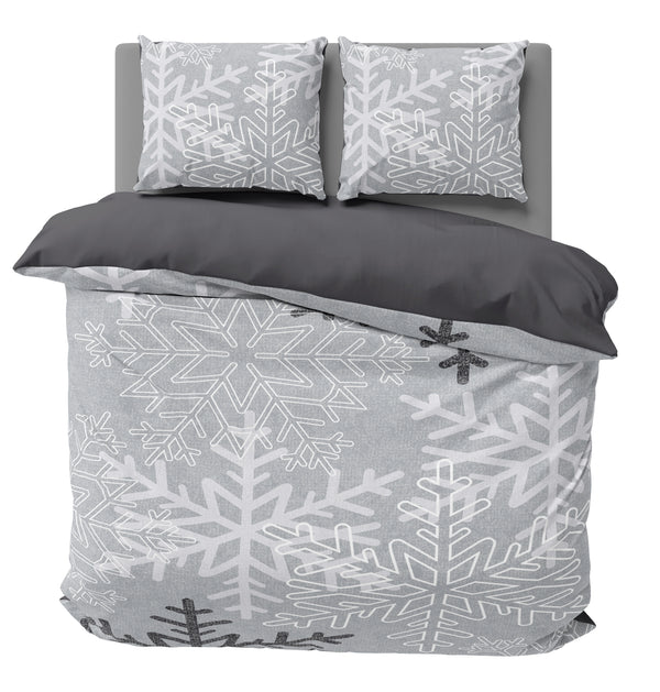 One Home Biber Bettwäsche 200x200 cm Schneeflocken Kristalle grau Winter Warm Baumwolle