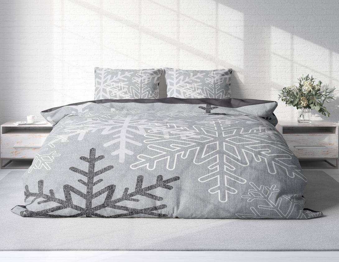 One Home Biber Bettwäsche 200x200 cm Schneeflocken Kristalle grau Winter Warm Baumwolle