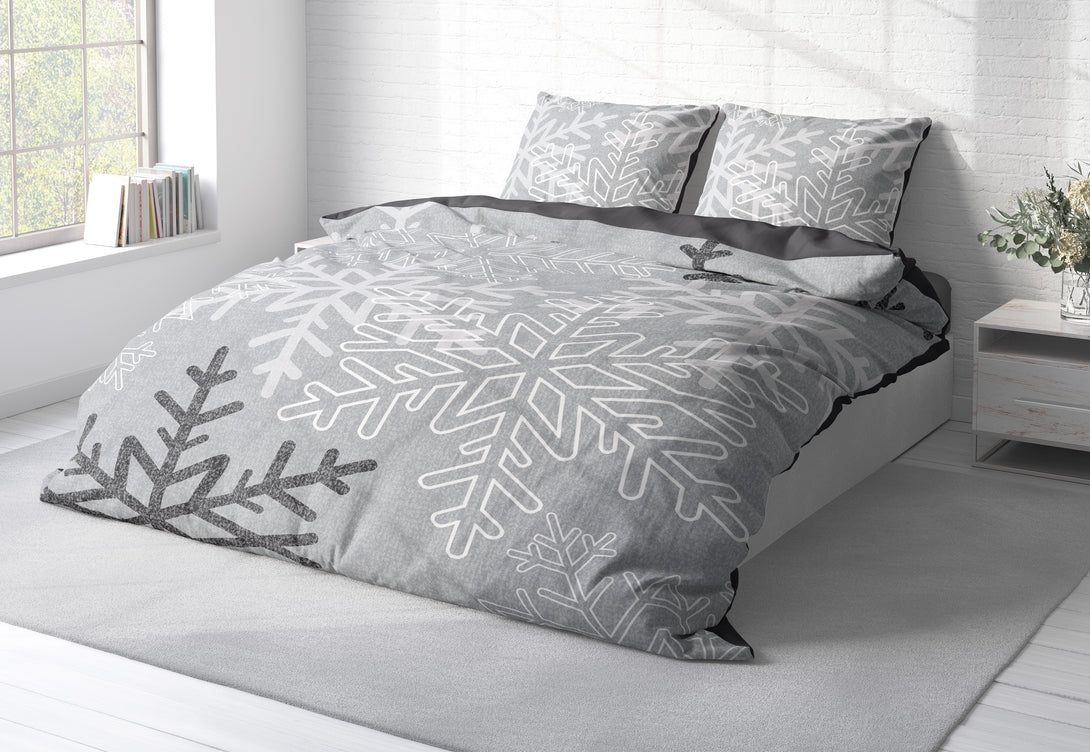 One Home Biber Bettwäsche 200x200 cm Schneeflocken Kristalle grau Winter Warm Baumwolle
