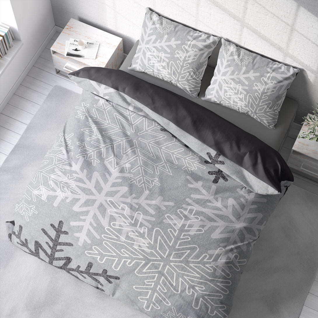 One Home Biber Bettwäsche 200x200 cm Schneeflocken Kristalle grau Winter Warm Baumwolle