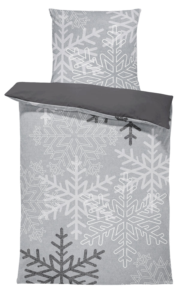 One Home Biber Bettwäsche 155x220 cm Schneeflocken Kristalle grau Winter Warm Baumwolle
