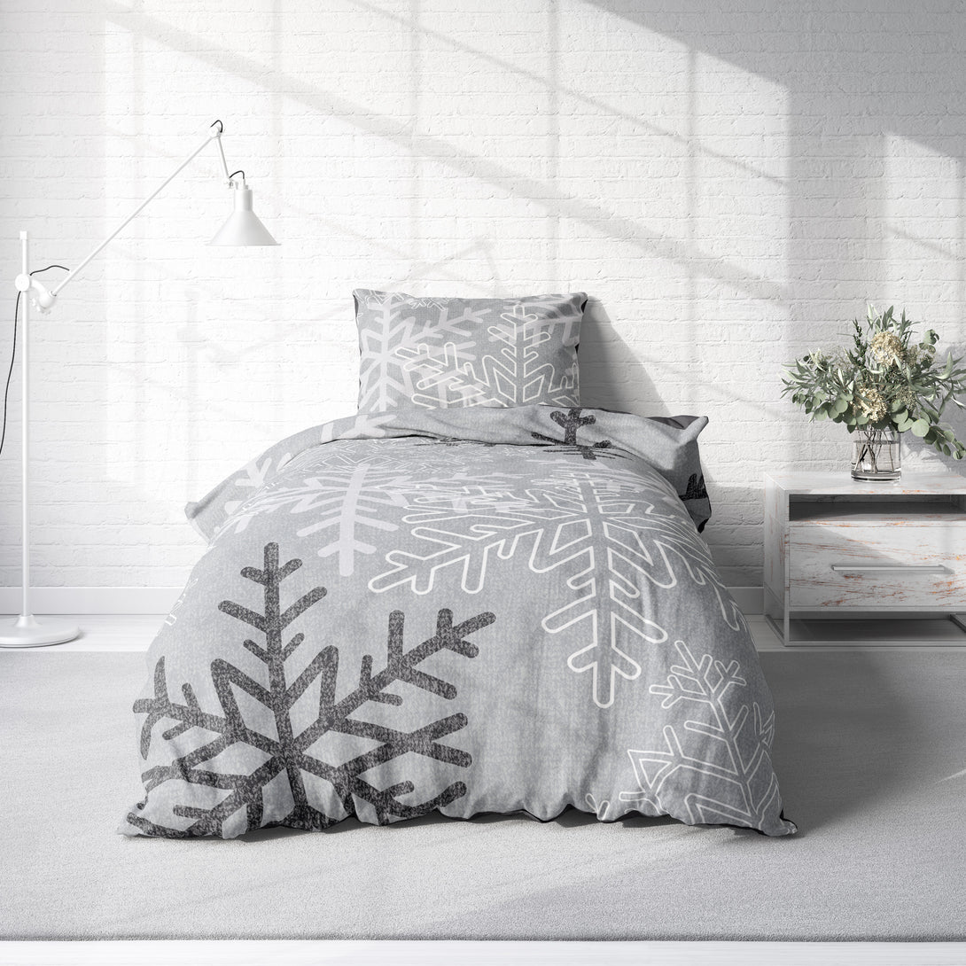 One Home Biber Bettwäsche 155x220 cm Schneeflocken Kristalle grau Winter Warm Baumwolle
