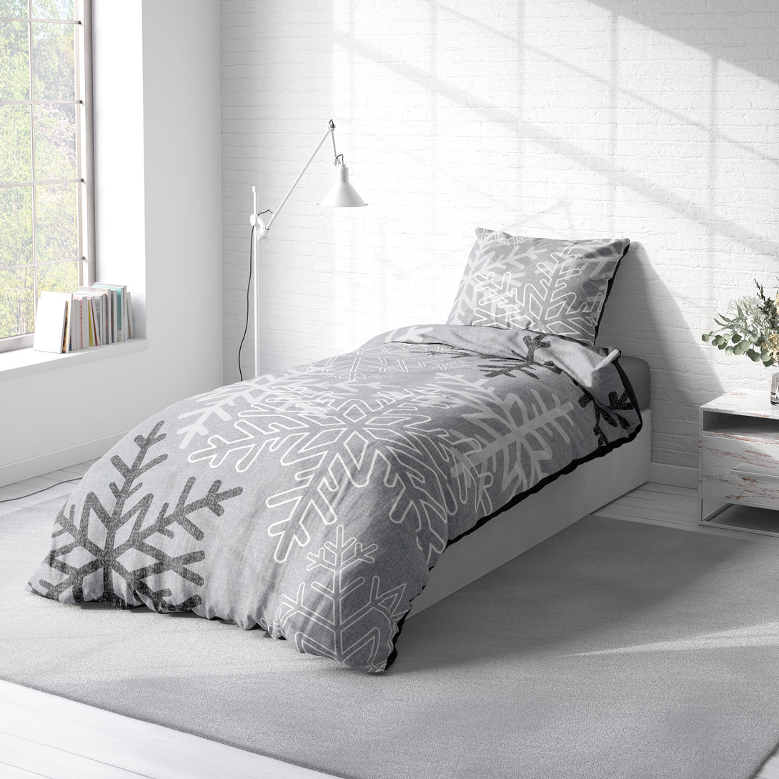 One Home Biber Bettwäsche 155x220 cm Schneeflocken Kristalle grau Winter Warm Baumwolle