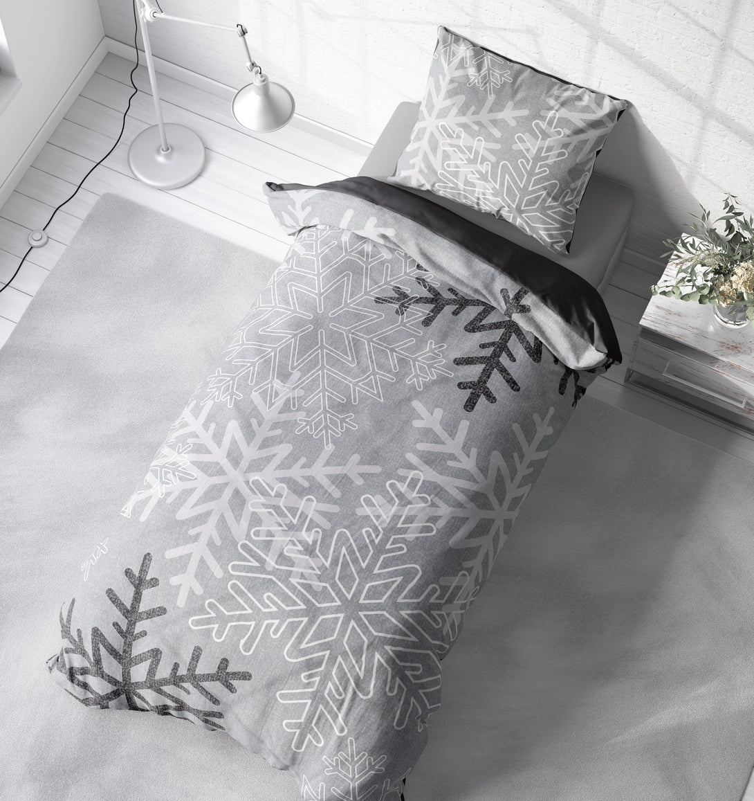 One Home Biber Bettwäsche 155x220 cm Schneeflocken Kristalle grau Winter Warm Baumwolle