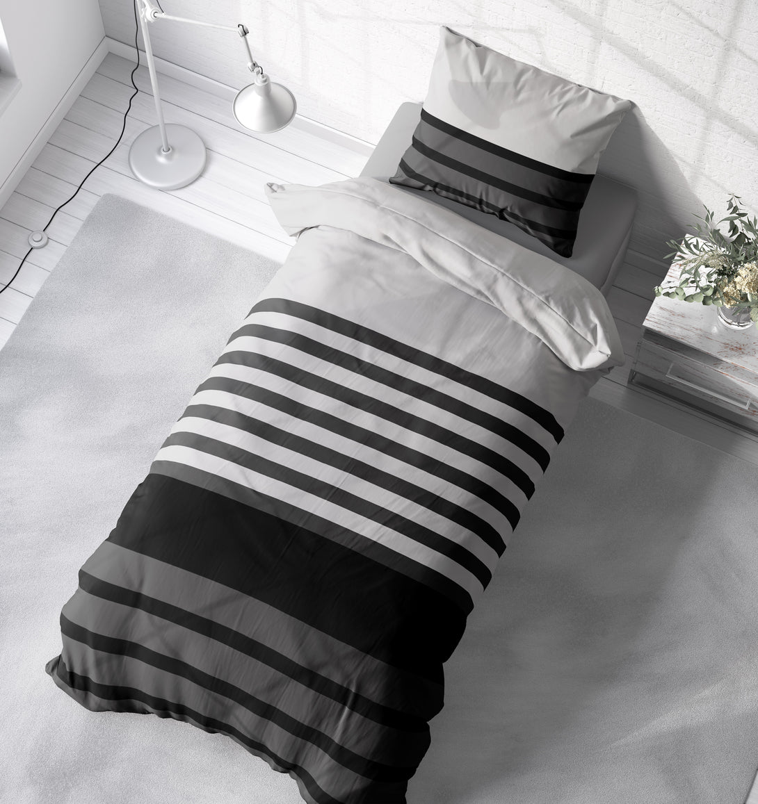 One Home Bettwäsche 155x220 cm gestreift grau anthrazit Biber Winter Flanell Baumwolle