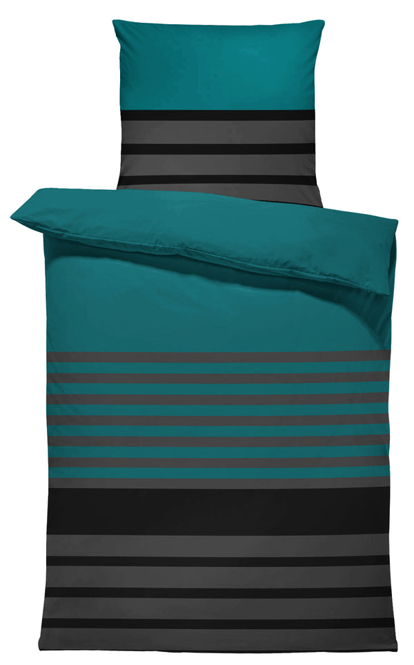 One Home Bettwäsche 135x200 cm gestreift petrol anthrazit Biber Winter Flanell Baumwolle