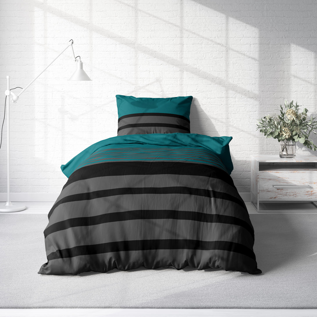 One Home Bettwäsche 135x200 cm gestreift petrol anthrazit Biber Winter Flanell Baumwolle