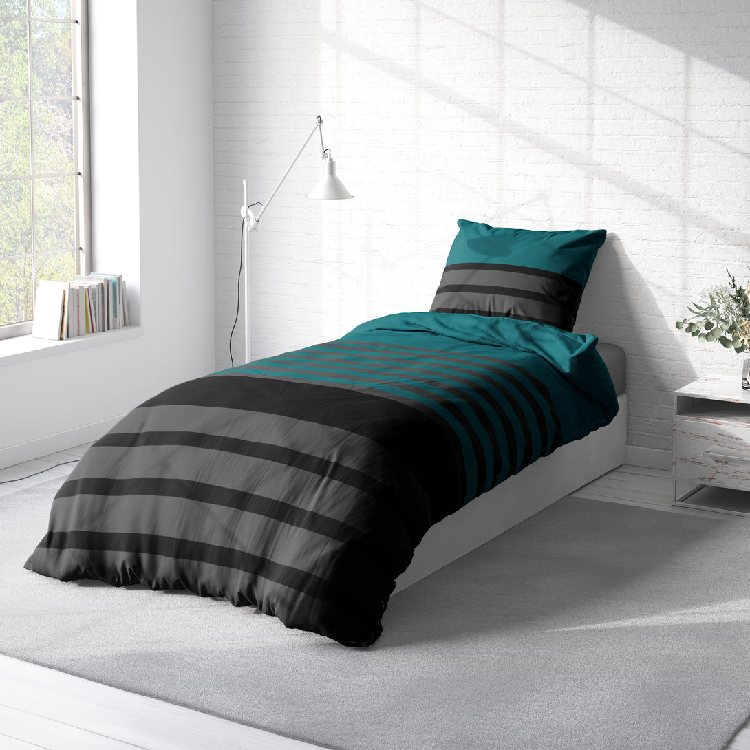 One Home Bettwäsche 135x200 cm gestreift petrol anthrazit Biber Winter Flanell Baumwolle