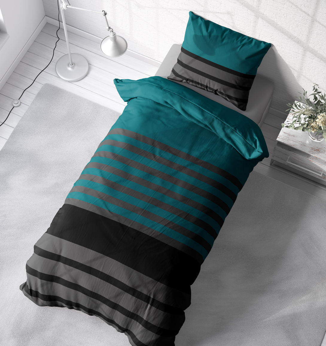 One Home Bettwäsche 135x200 cm gestreift petrol anthrazit Biber Winter Flanell Baumwolle