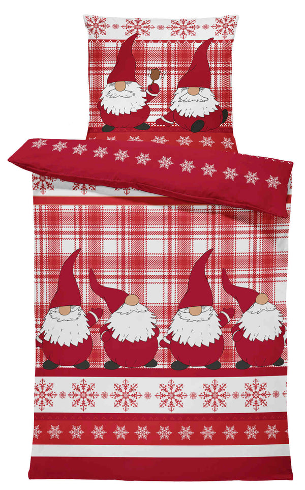 One Home Bettwäsche 155x220 cm Wichtel Weihnachten rot Biber Winter Flanell Baumwolle