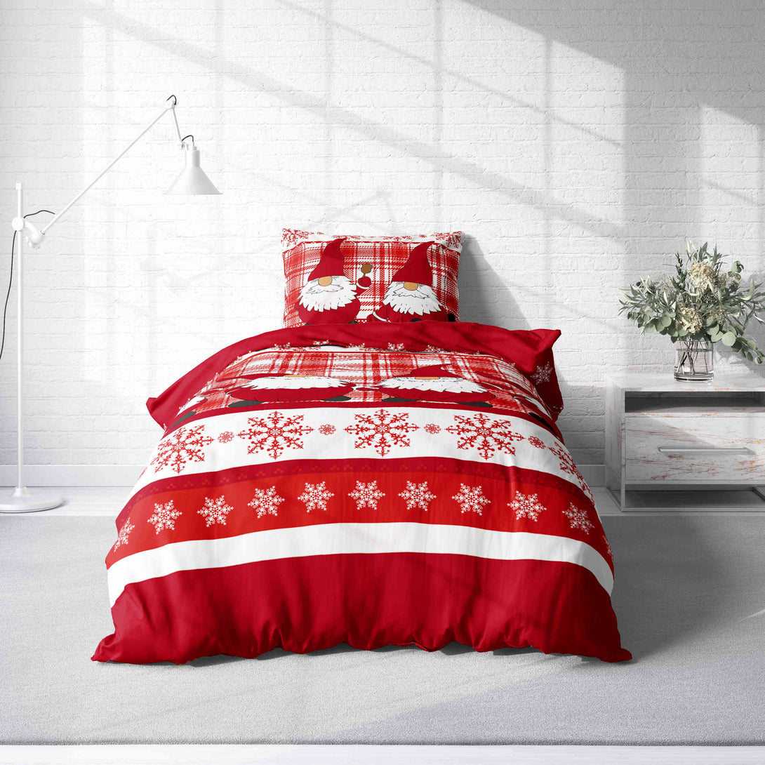 One Home Bettwäsche 155x220 cm Wichtel Weihnachten rot Biber Winter Flanell Baumwolle