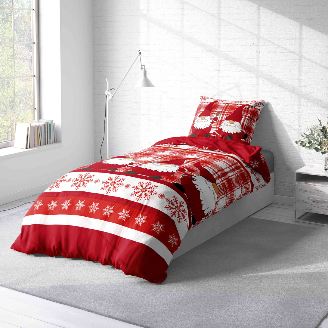 One Home Bettwäsche 155x220 cm Wichtel Weihnachten rot Biber Winter Flanell Baumwolle